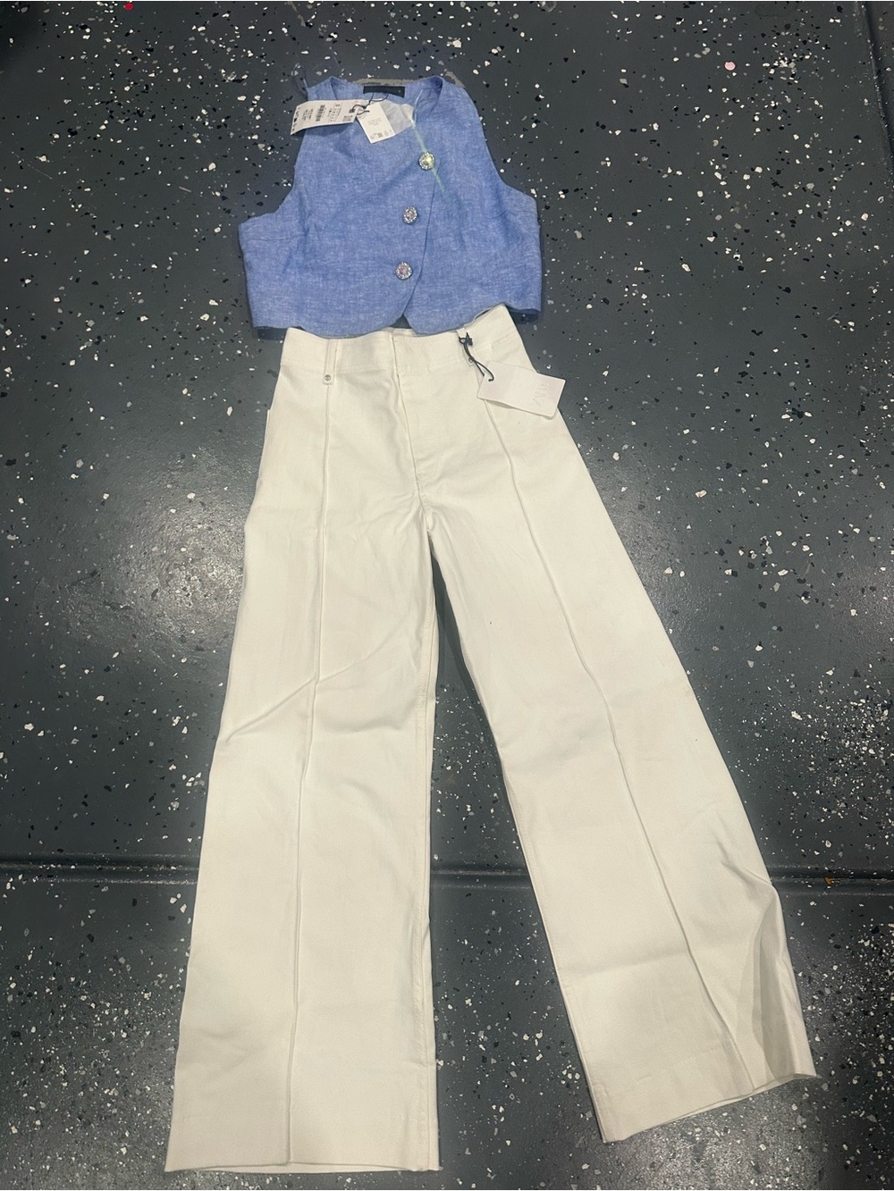 Zara Blue Linen Vest with Cream Wide-Leg Pants